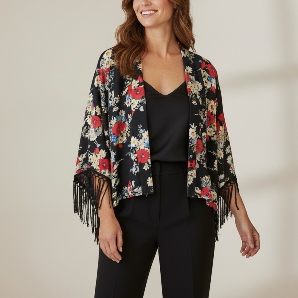 Fun & Flirt Floral Fringe Kimono Open Front Boho Cardigan Women’s Medium